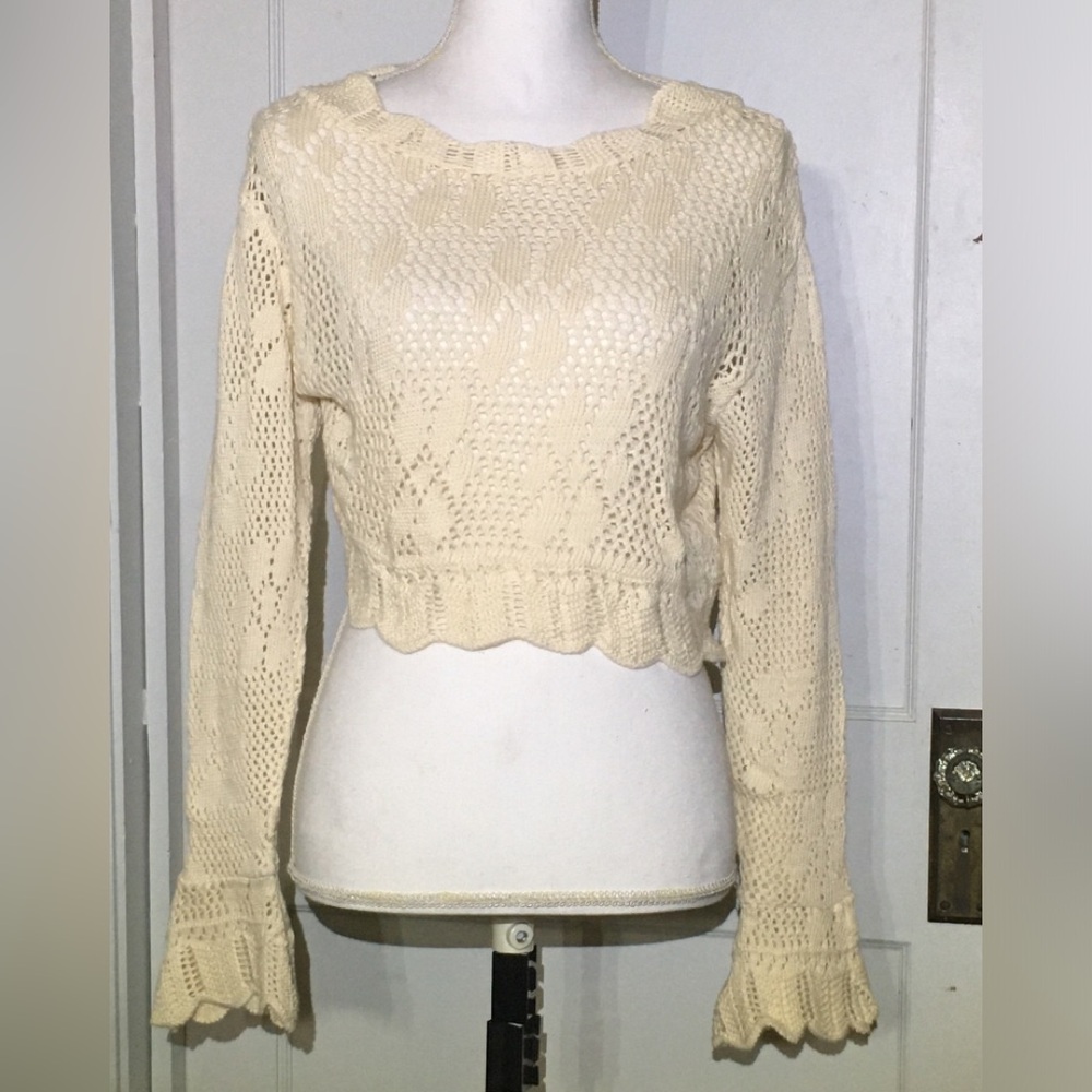 Passports Pier 1 Imports Ecru Cream Open-Knit Cotton Crop Sweater